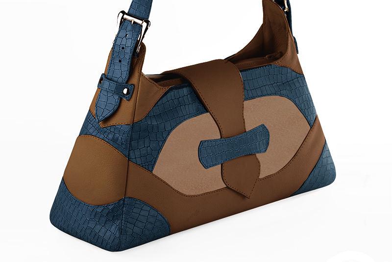 Caramel brown, biscuit beige and denim blue women's dress handbag, matching pumps and belts. Front view - Florence KOOIJMAN